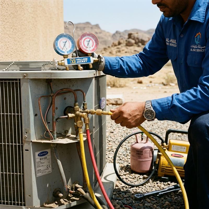 فني يفحص ضغط الفريون وشحن الغاز بمقياس الضغط لوحدة التكييف